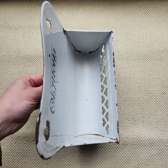 Antique French Enamelware Onion Oignons Bin Wall Container Black White Vintage - Picture 6 of 10